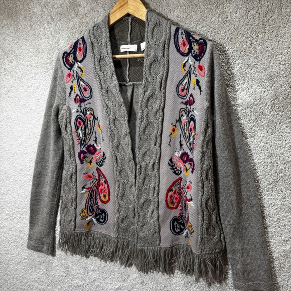 Anthropologie Sleeping On Snow Folklore Embroidered Fringe Cardigan Gray - Picture 8 of 12